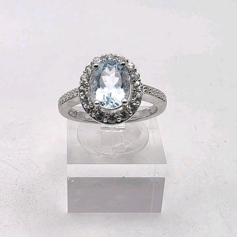 Sterling Silver Blue & White Topaz Oval Halo Ring Size 7